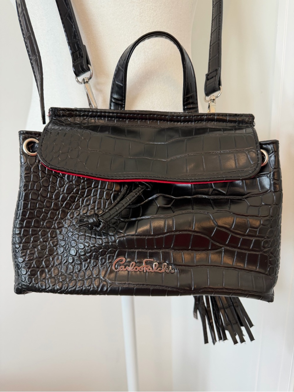 Carlos Falchi Black Croc-Embossed Leather Crossbody with Red Trim